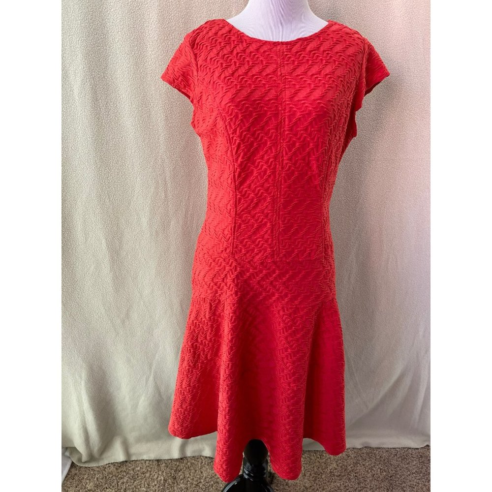 Sharagano Orange Wavy Textured Short Sleeve Fit & Flare Dress